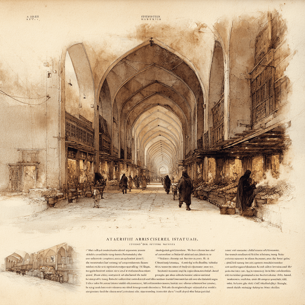 A sepia-toned, AI-generated sketch resembling an antique architectural etching of the historic Char Chatta Bazar. The perspective looks down a long, covered market street featuring a high vaulted ceiling with repeating pointed arches. Shops with wooden structures and warm interior lighting line both sides. Silhouetted figures in long cloaks walk through the central aisle. The bottom of the image features AI-generated, illegible faux-historical text and a small inset drawing of the bazaar, all set against a textured, parchment-like background.