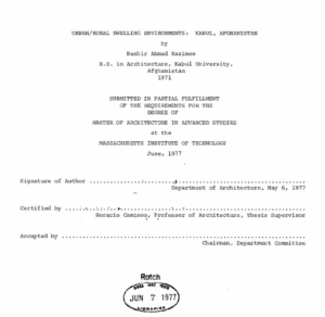 Cover page of a thesis titled "Urban/Rural Dwelling Environments: Kabul, Afghanistan" by Bashir Ahmad Kazimee, submitted to MIT in 1977.