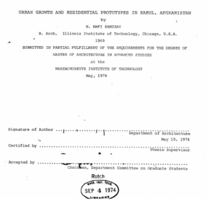 Cover page of a thesis titled "Urban Growth and Residential Prototypes in Kabul, Afghanistan" by M. Rafi Samizay, submitted to MIT in May 1974.