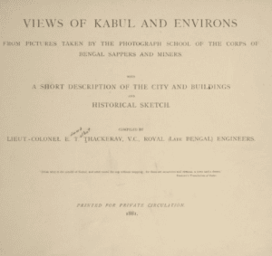 Title page of the book 'Views of Kabul and Environs' from 1881, featuring a description of its contents and authorship