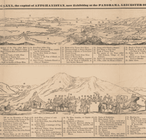 A detailed illustrated panorama of Kabul, Afghanistan, showcasing labeled landmarks, mountain ranges, cultural figures, and notable sites, as displayed in Leicester Square.