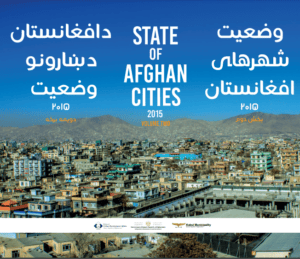 A multilingual cover page titled "State of Afghan Cities 2015, Volume Two," displaying the title in English, Pashto, and Dari, with a detailed view of an Afghan city and mountains under a bright blue sky.