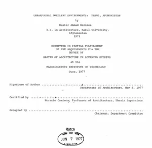 Cover page of a thesis titled "Urban/Rural Dwelling Environments: Kabul, Afghanistan" by Bashir Ahmad Kazimee, submitted to MIT in 1977.