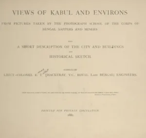Title page of the book 'Views of Kabul and Environs' from 1881, featuring a description of its contents and authorship