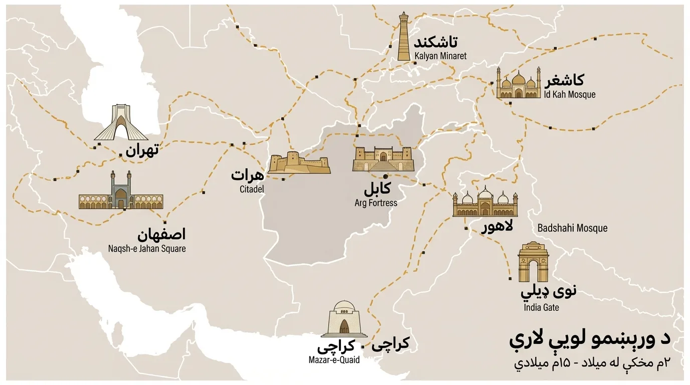 A stylized map of the Middle East, Central, and South Asia showing historical trade routes with dashed lines.